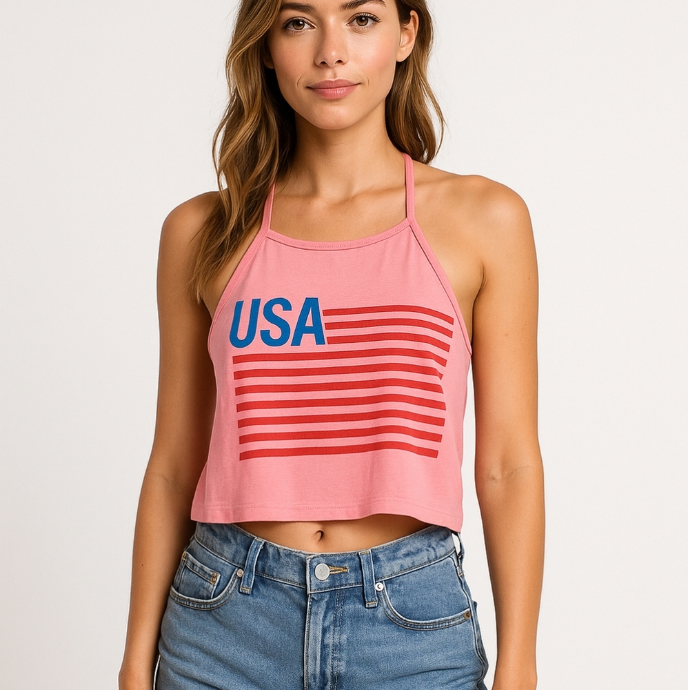 New USA Halter Crop Top Patriotic Striped Graphic Top Size XL‎